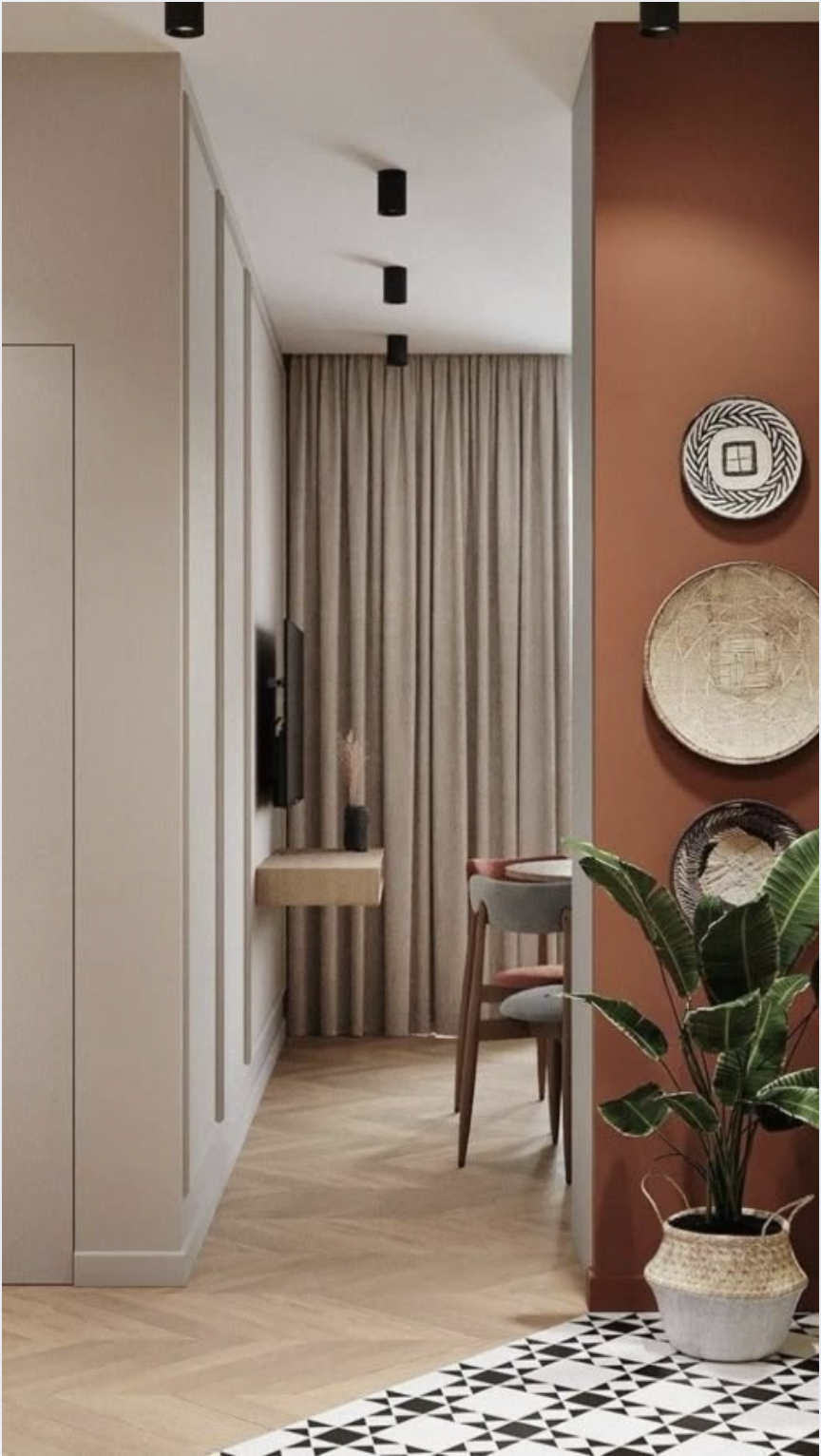 Parede terracota com decoração em tons neutros — combinação harmoniosa